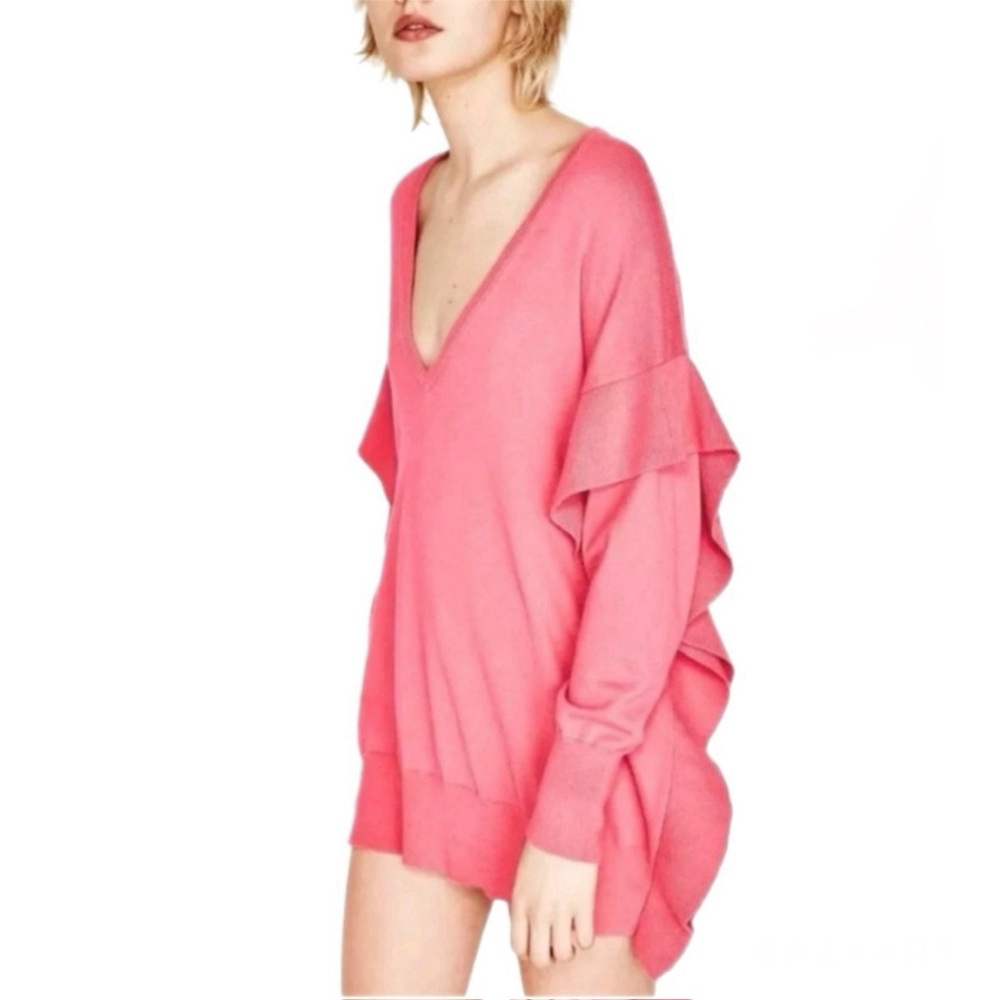 NWT ZARA Pink Ruffle Frill V-Neck Sweater Soft Girl Barbiecore Feminine